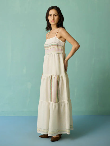 Pera Border Linen Tiered Dress - Ivory