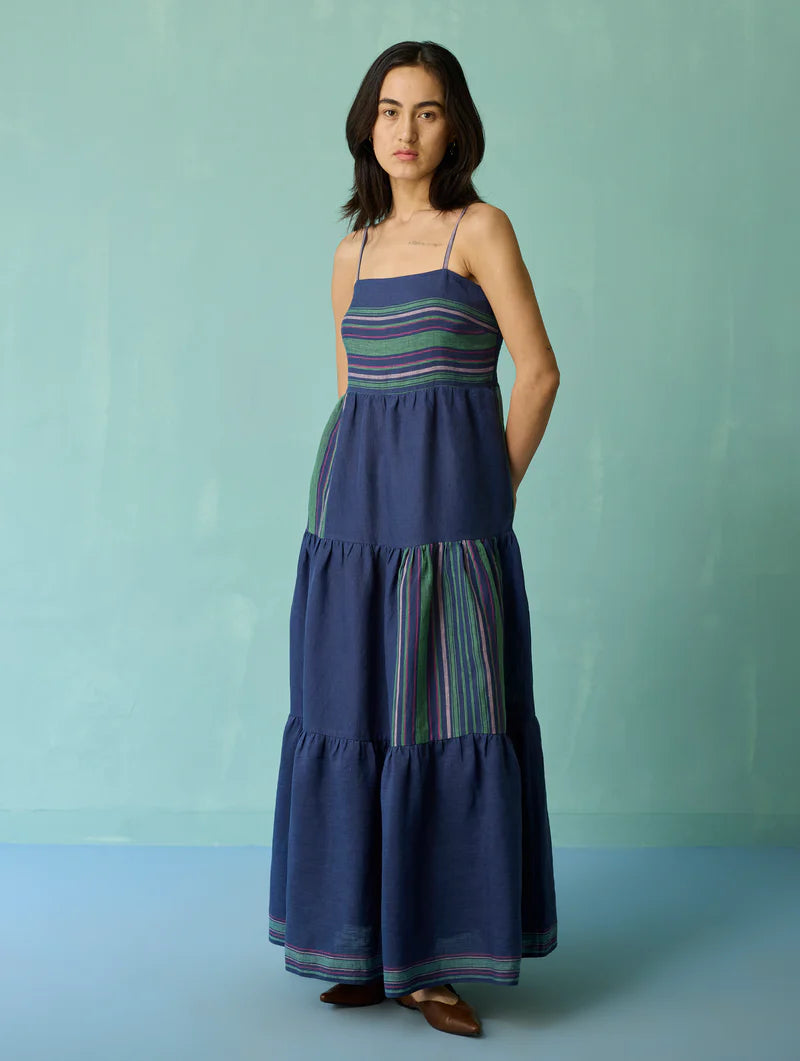 Pera Border Linen Tiered Dress - Indigo