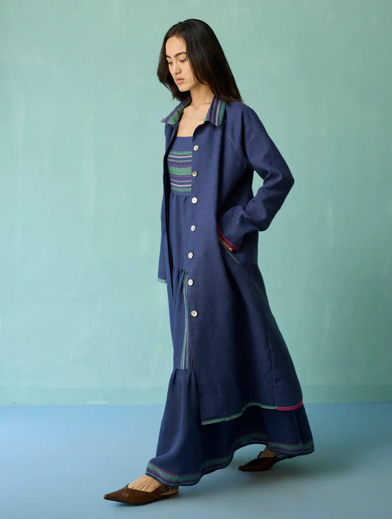 Pera Border Linen Co-ord Set - Indigo