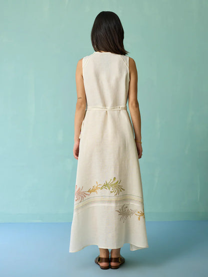 Sira Border Linen Floral Wrap Dress - Ivory