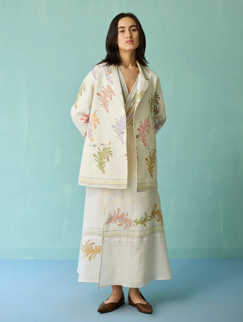 Sira Border Linen Floral  Co-ord Set - Ivory