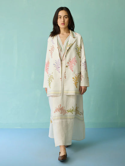 Sira Border Linen Floral  Co-ord Set - Ivory