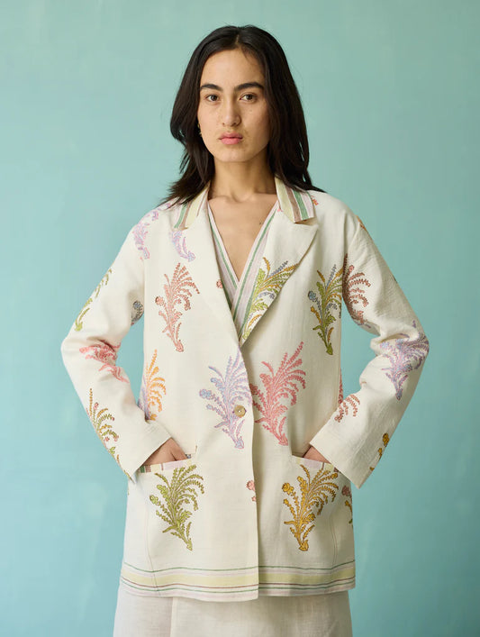 Sira Border Linen Floral  Co-ord Set - Ivory