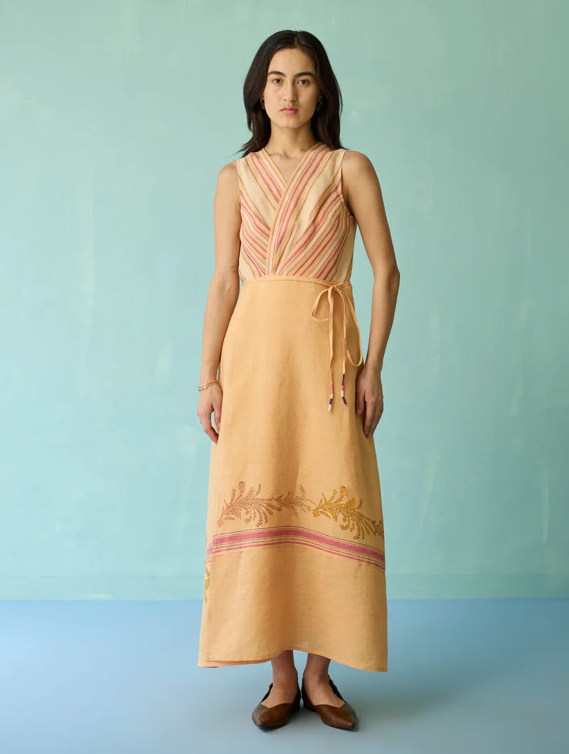 Sira Border Linen Floral Wrap Dress - Apricot