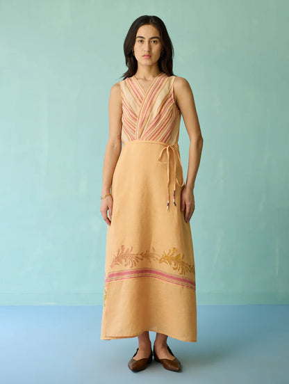 Sira Border Linen Floral Wrap Dress - Apricot