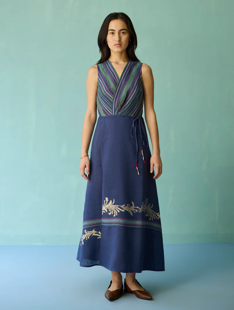 Sira Border Linen Floral Wrap Dress - Indigo