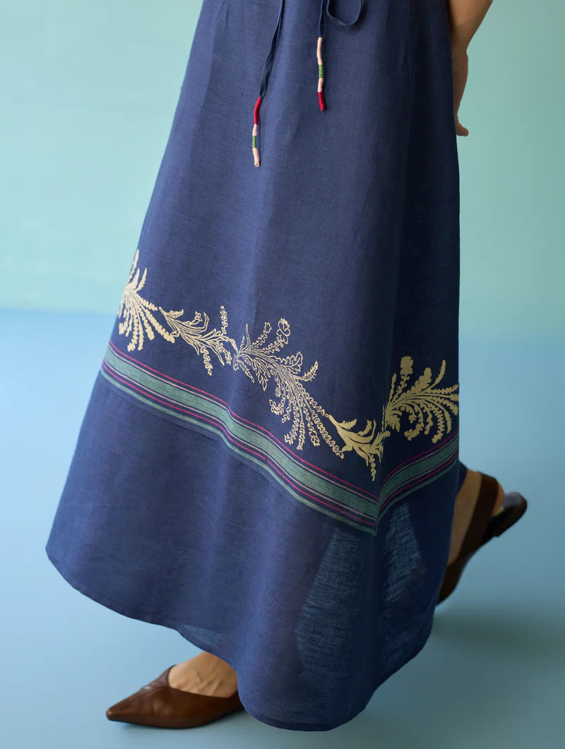 Sira Border Linen Floral Wrap Dress - Indigo