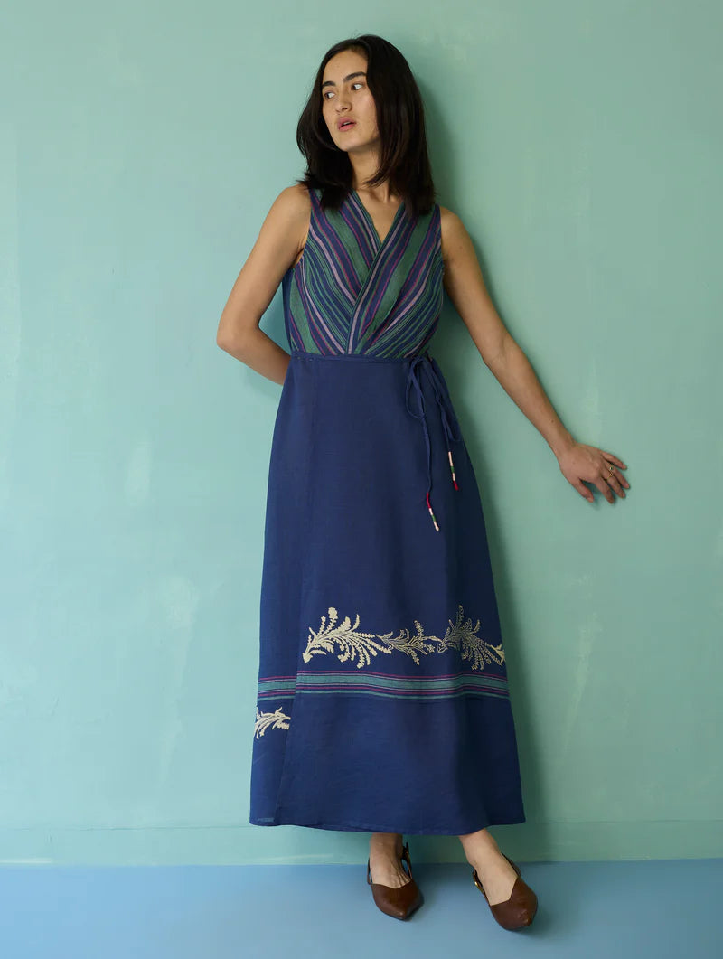 Sira Border Linen Floral Wrap Dress - Indigo