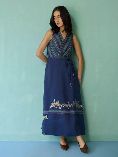 Sira Border Linen Floral Wrap Dress - Indigo