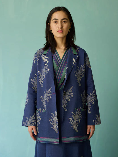 Arya Block Printed Floral Blazer - Indigo