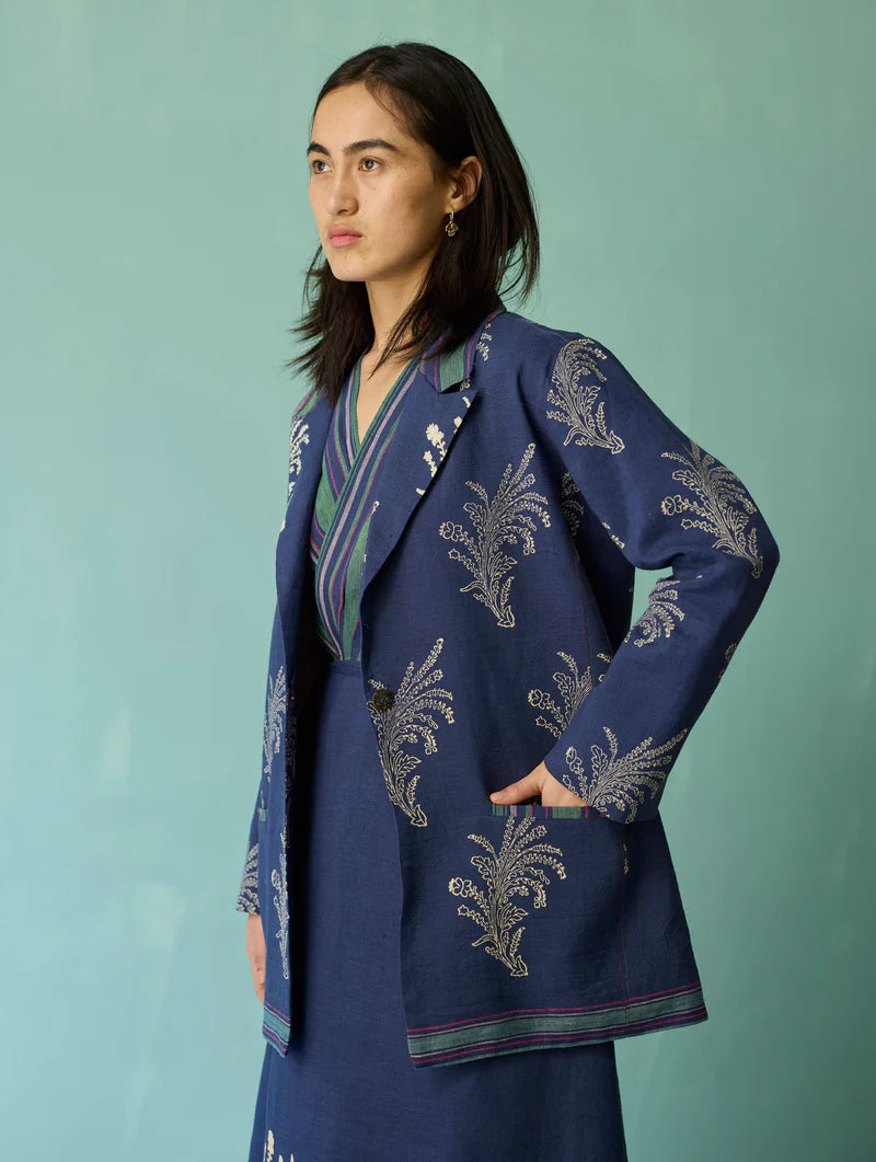 Arya Block Printed Floral Blazer - Indigo