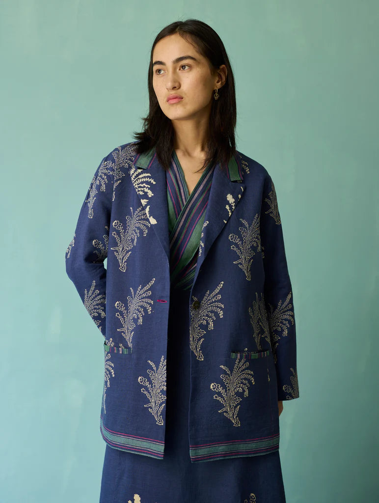 Arya Block Printed Floral Blazer - Indigo