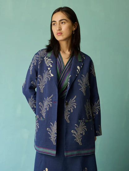 Arya Block Printed Floral Blazer - Indigo