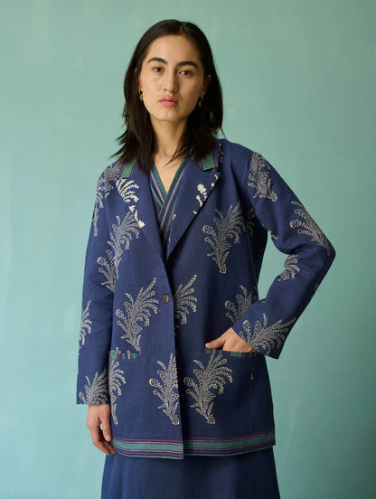 Sira Border Linen Floral Co-ord Set - Indigo