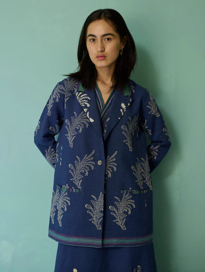 Arya Block Printed Floral Blazer - Indigo