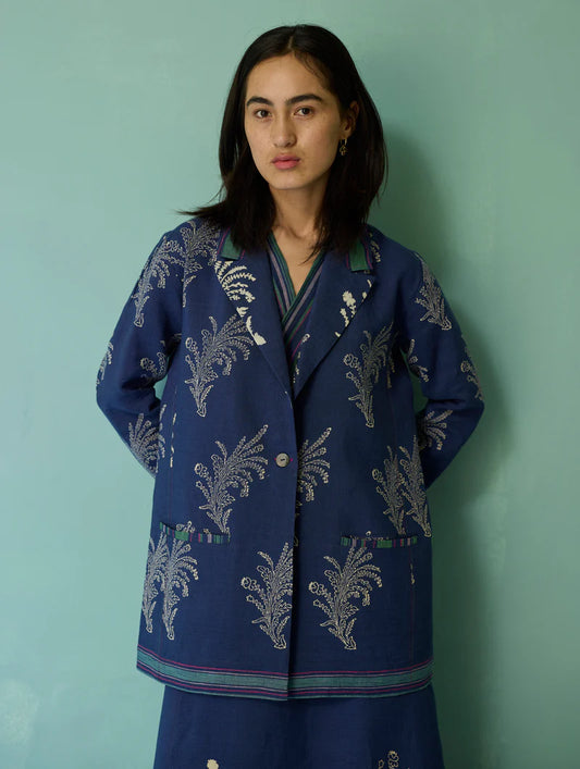 Arya Block Printed Floral Blazer - Indigo