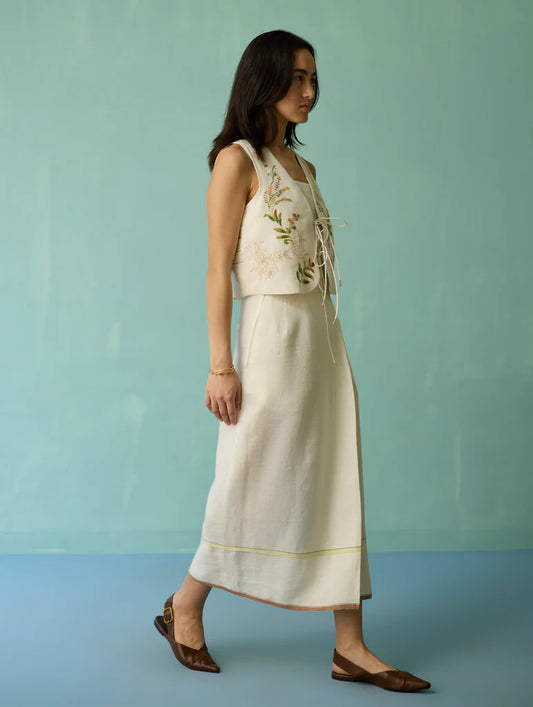 Eon Hand-Embroidered Floral Vest Co-ord Set - Ivory