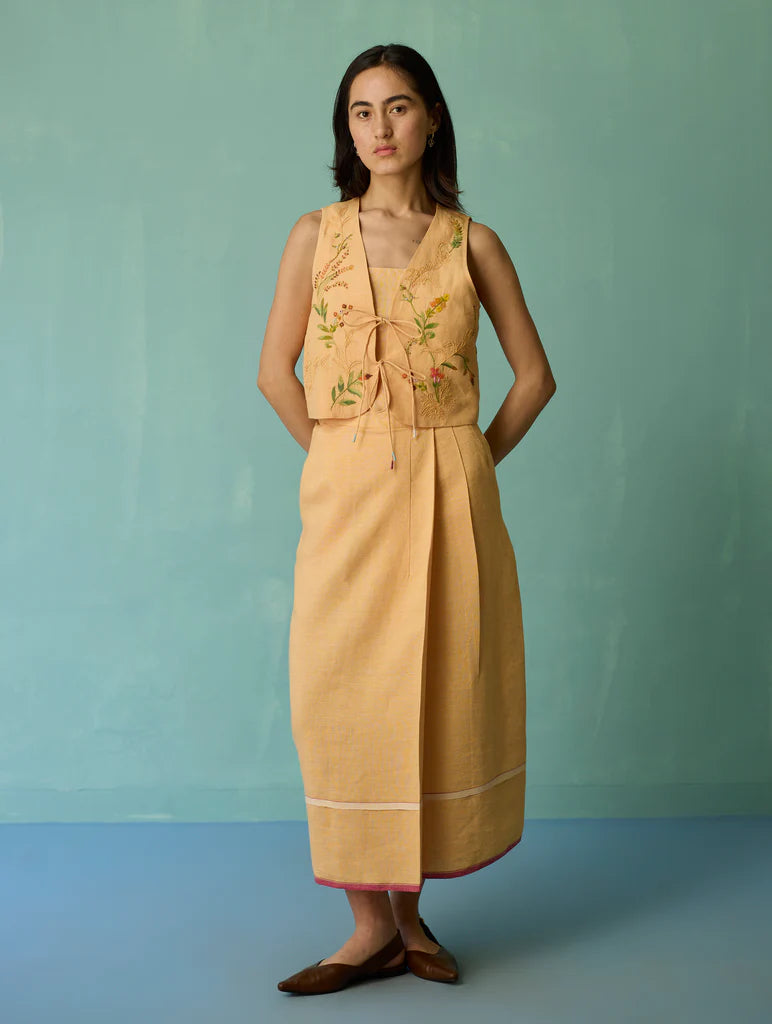 Eon Hand-Embroidered Floral Vest Co-ord Set - Apricot