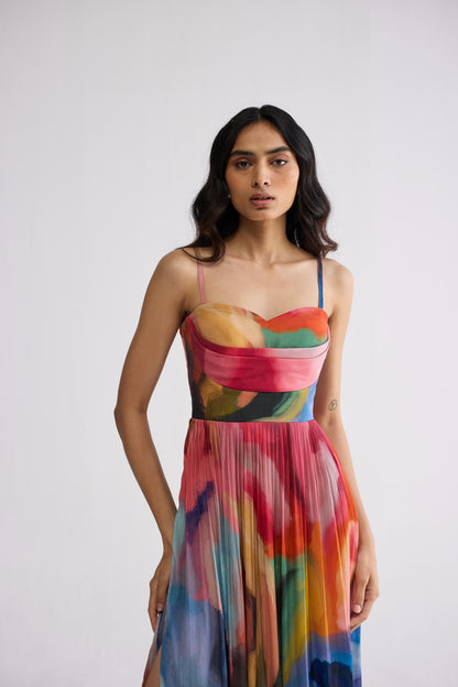 RAINBOW GARDEN CREPE COWL BRALETTE DRESS