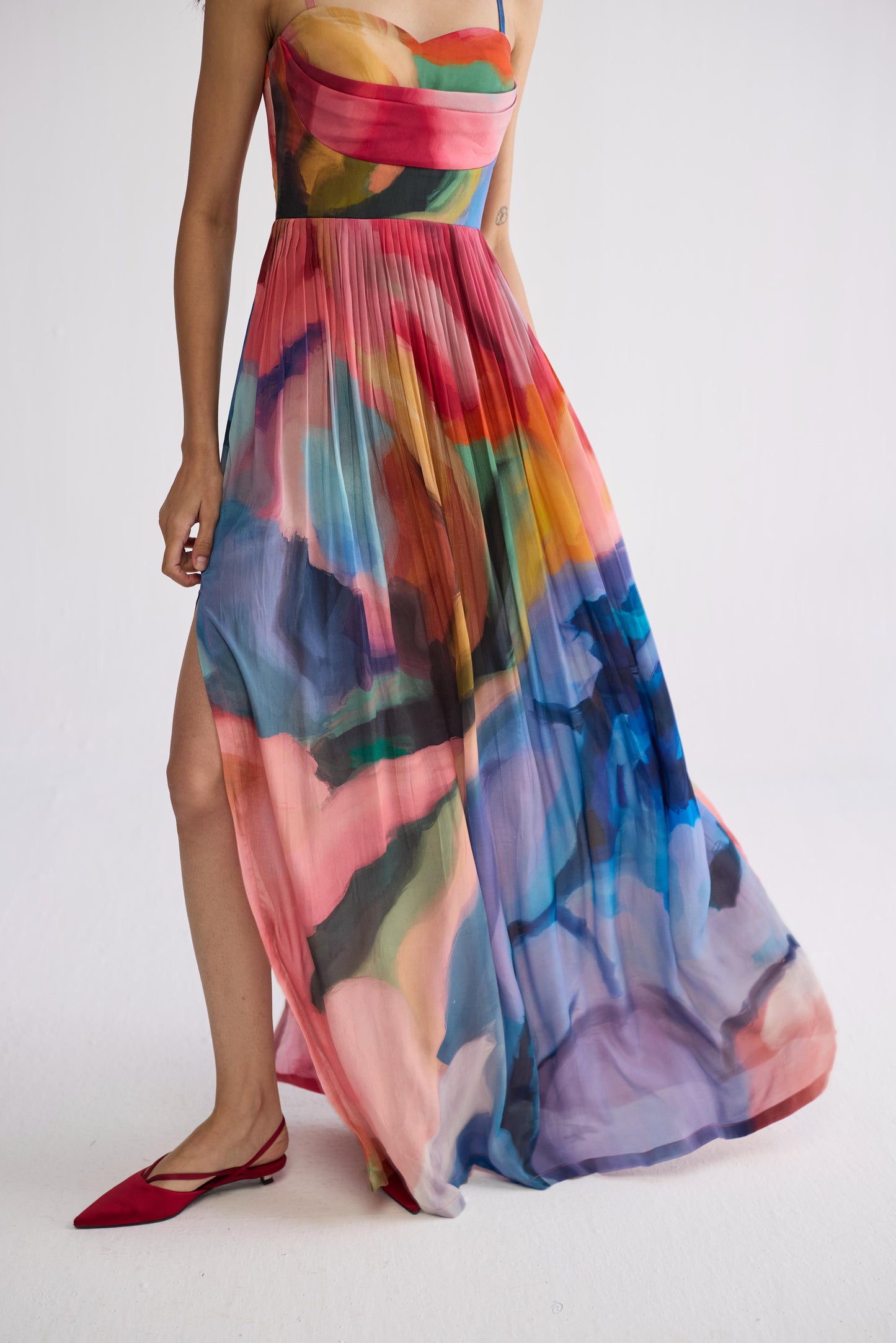 RAINBOW GARDEN CREPE COWL BRALETTE DRESS