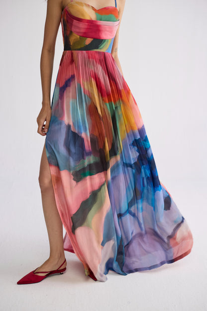 RAINBOW GARDEN CREPE COWL BRALETTE DRESS