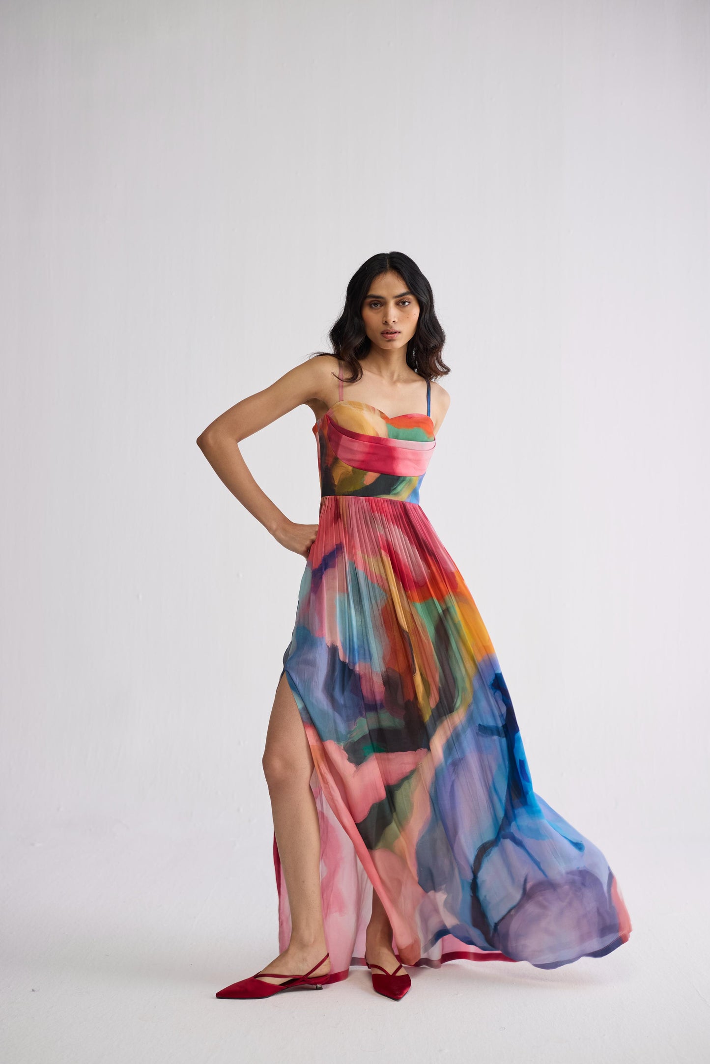 RAINBOW GARDEN CREPE COWL BRALETTE DRESS