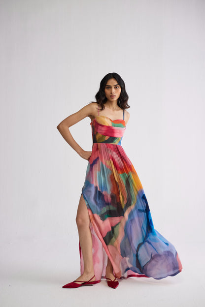 RAINBOW GARDEN CREPE COWL BRALETTE DRESS