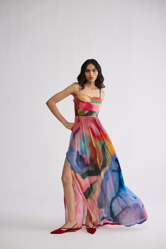 RAINBOW GARDEN CREPE COWL BRALETTE DRESS