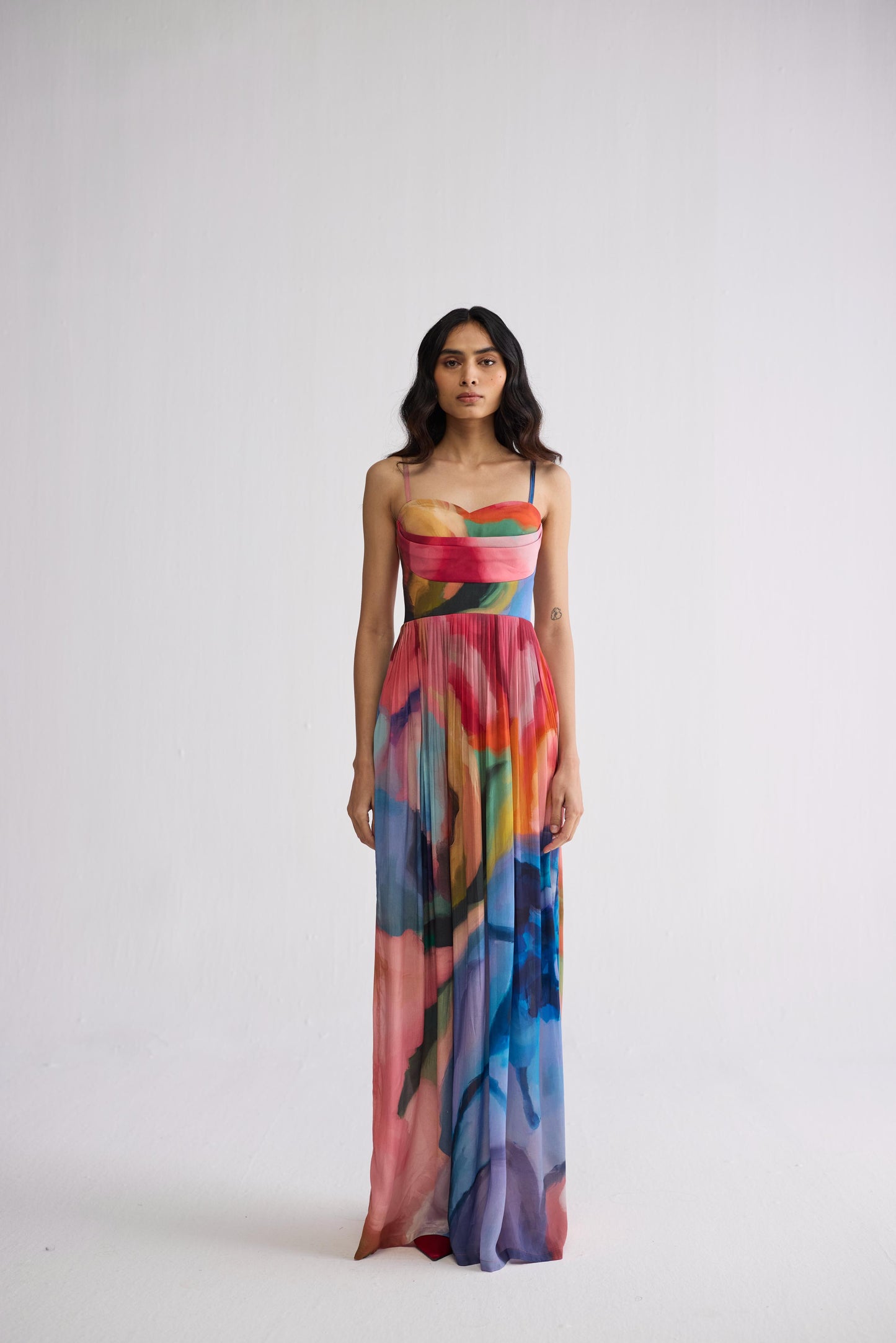 RAINBOW GARDEN CREPE COWL BRALETTE DRESS