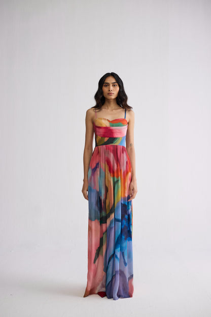 RAINBOW GARDEN CREPE COWL BRALETTE DRESS