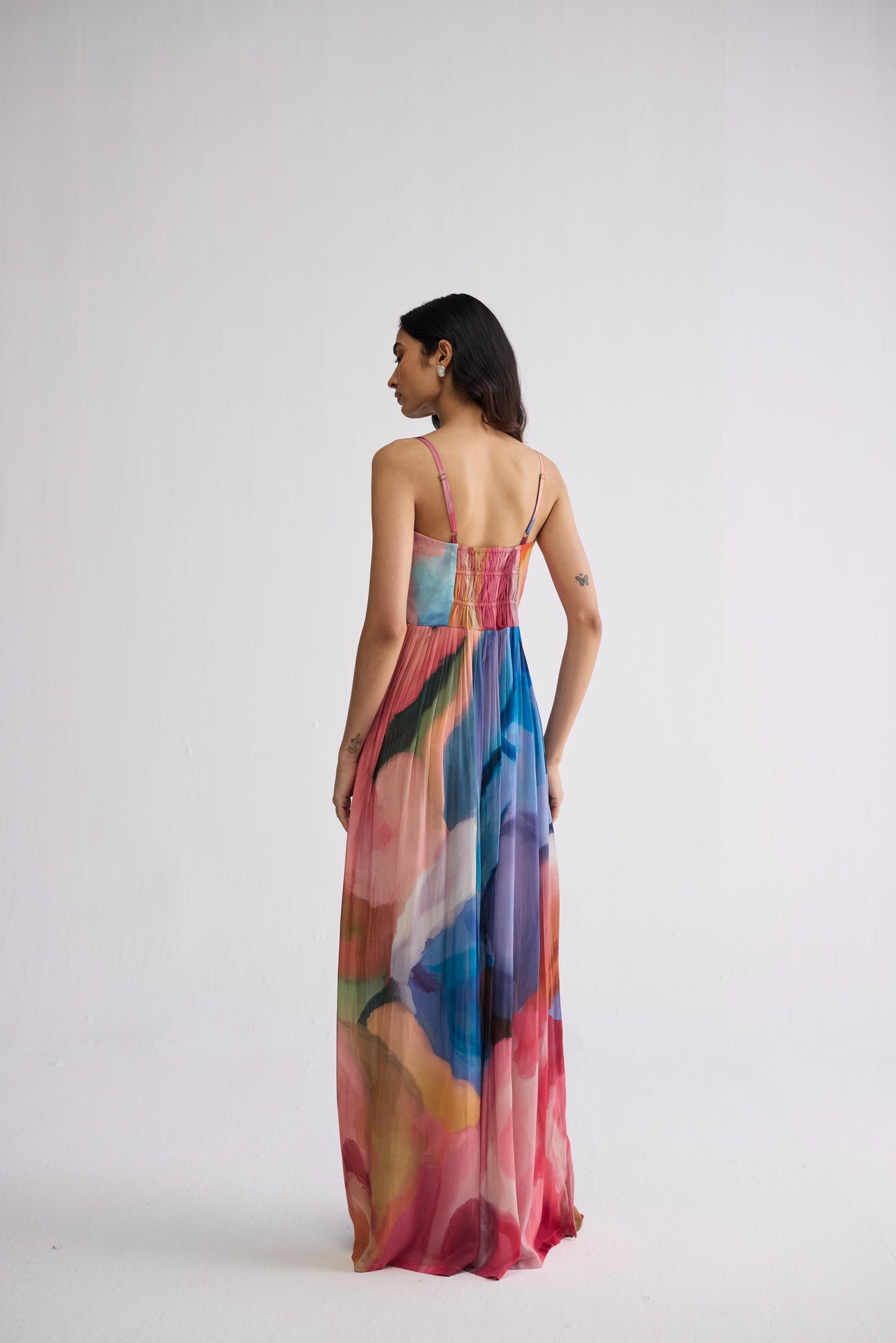 RAINBOW GARDEN CREPE COWL BRALETTE DRESS