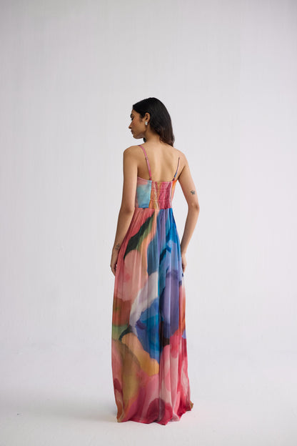 RAINBOW GARDEN CREPE COWL BRALETTE DRESS
