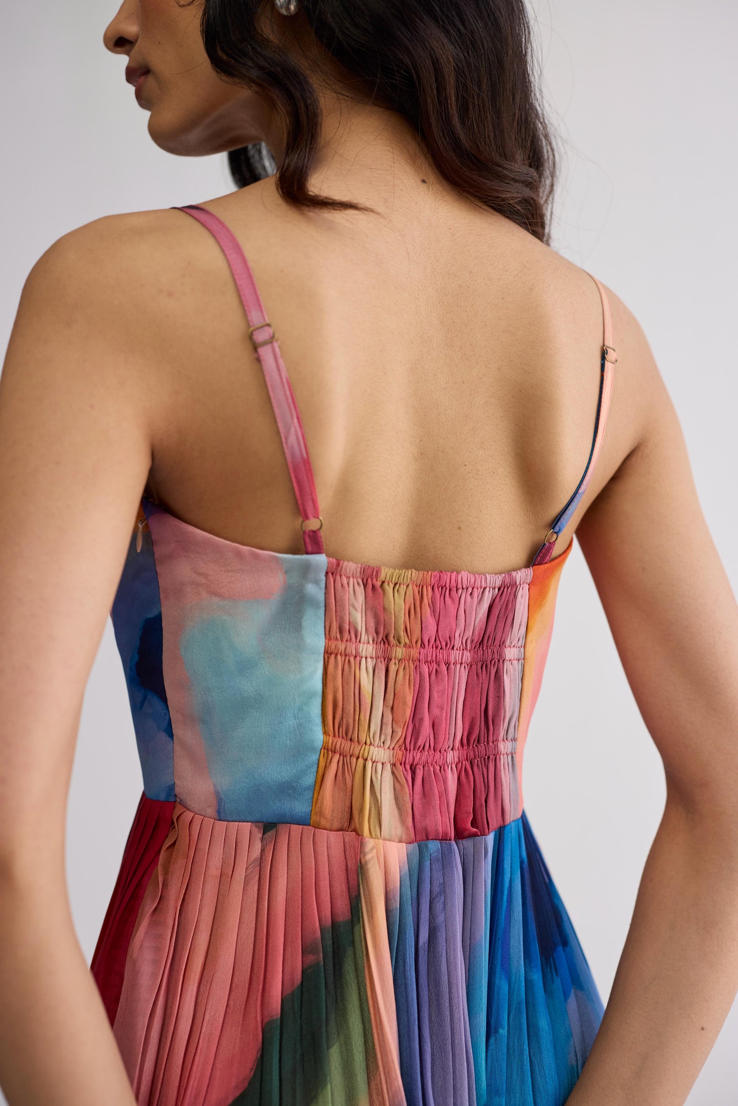 RAINBOW GARDEN CREPE COWL BRALETTE DRESS