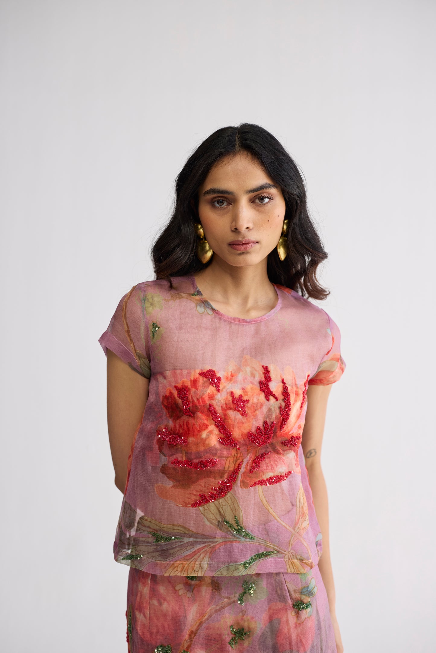 BERRY EMBROIDERED ORGANZA TOP & SKIRT SET
