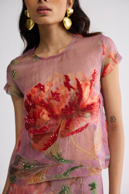 BERRY EMBROIDERED ORGANZA TOP & SKIRT SET