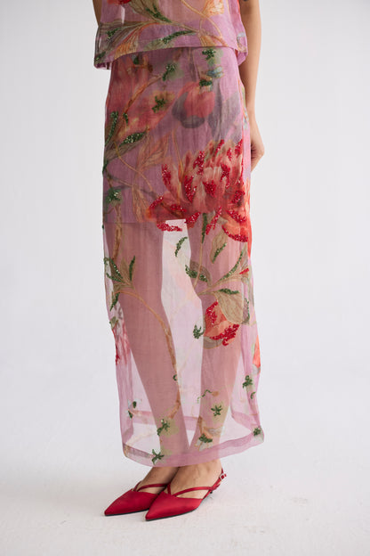BERRY EMBROIDERED ORGANZA TOP & SKIRT SET