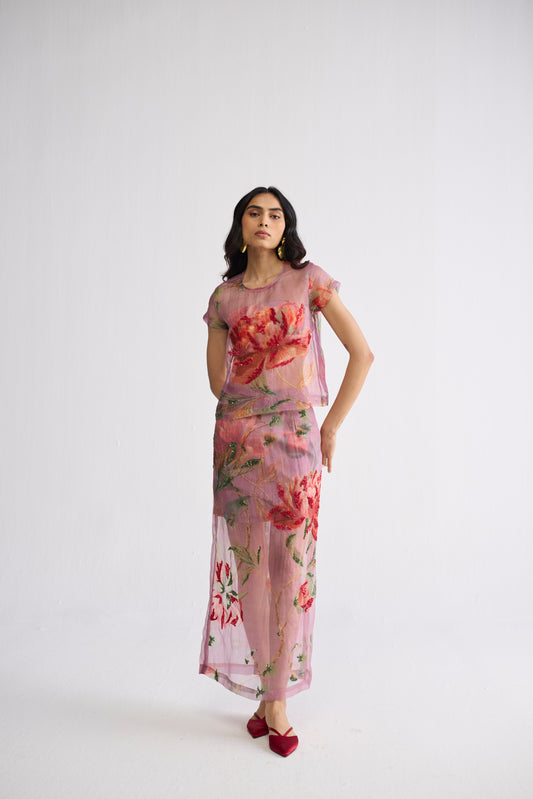 BERRY EMBROIDERED ORGANZA TOP & SKIRT SET