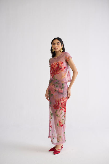 BERRY EMBROIDERED ORGANZA TOP & SKIRT SET