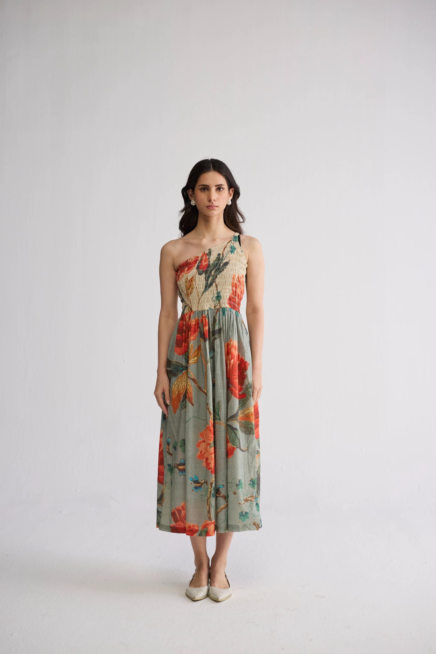 CABBAGE ROSE SMOCKED ONE SHOULDER DRESS