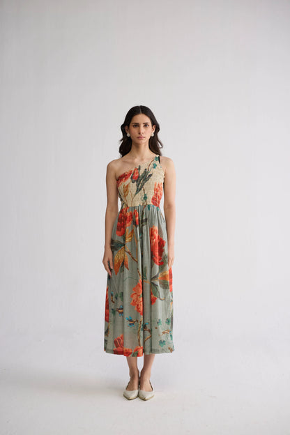 CABBAGE ROSE SMOCKED ONE SHOULDER DRESS