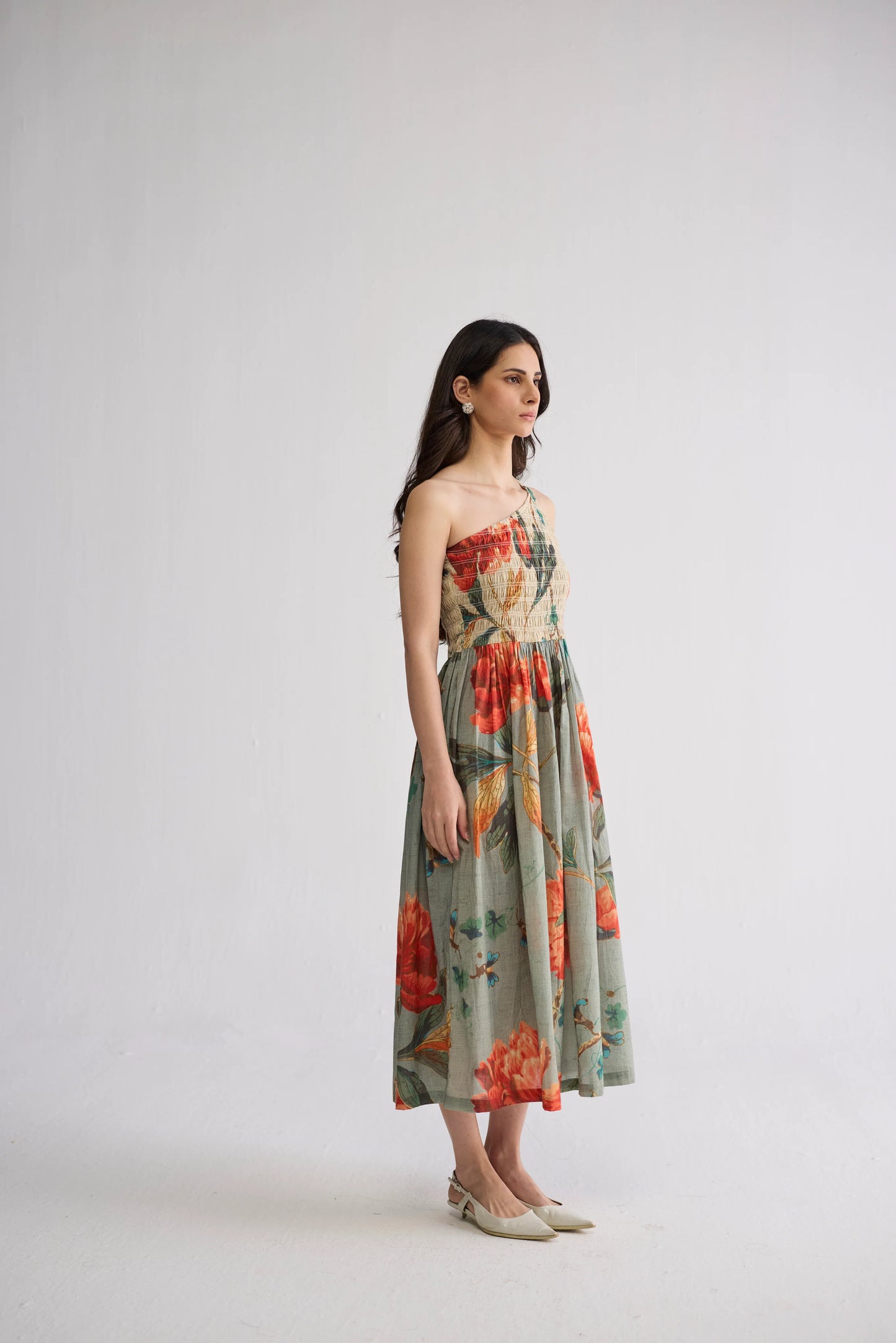 CABBAGE ROSE SMOCKED ONE SHOULDER DRESS