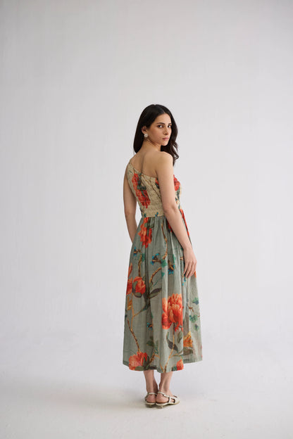 CABBAGE ROSE SMOCKED ONE SHOULDER DRESS