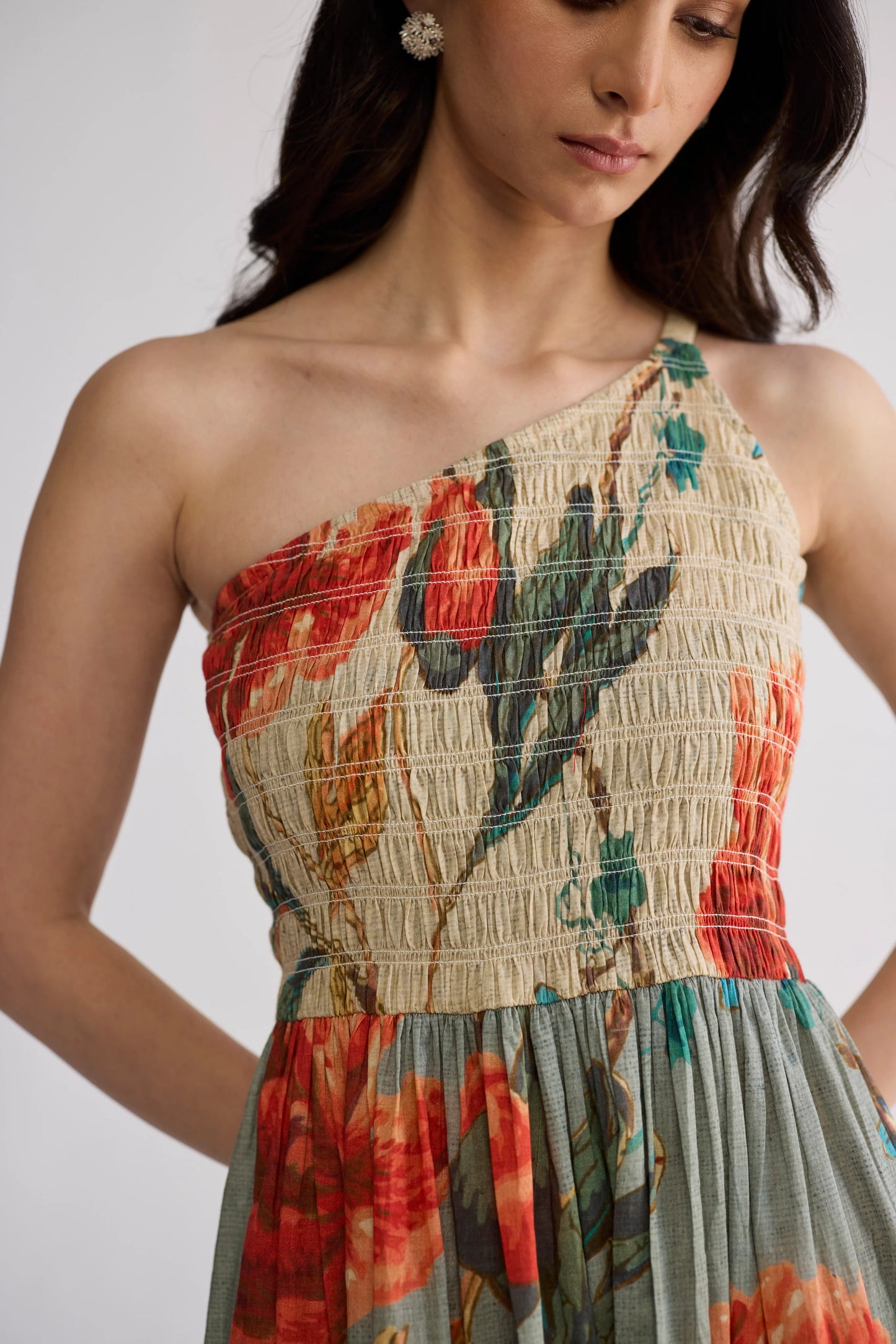 CABBAGE ROSE SMOCKED ONE SHOULDER DRESS