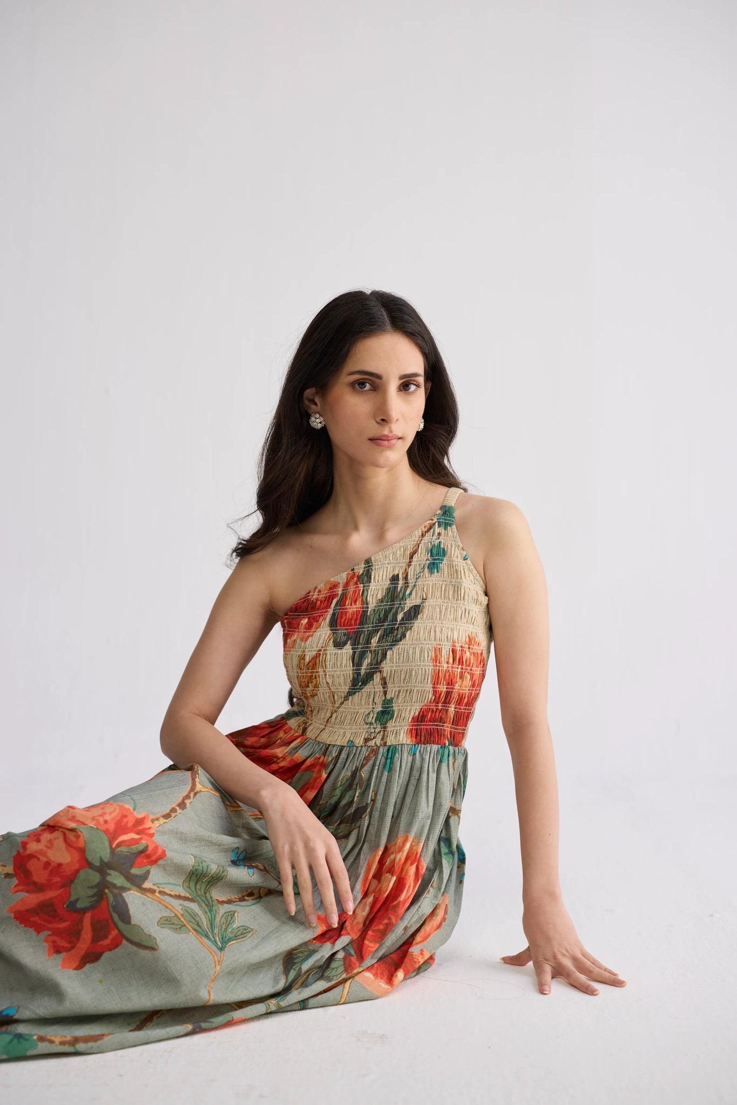 CABBAGE ROSE SMOCKED ONE SHOULDER DRESS
