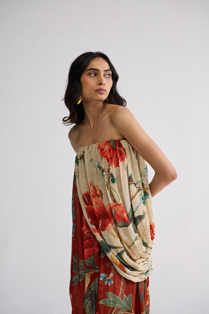 VINE CREPE DRAPED DRESS