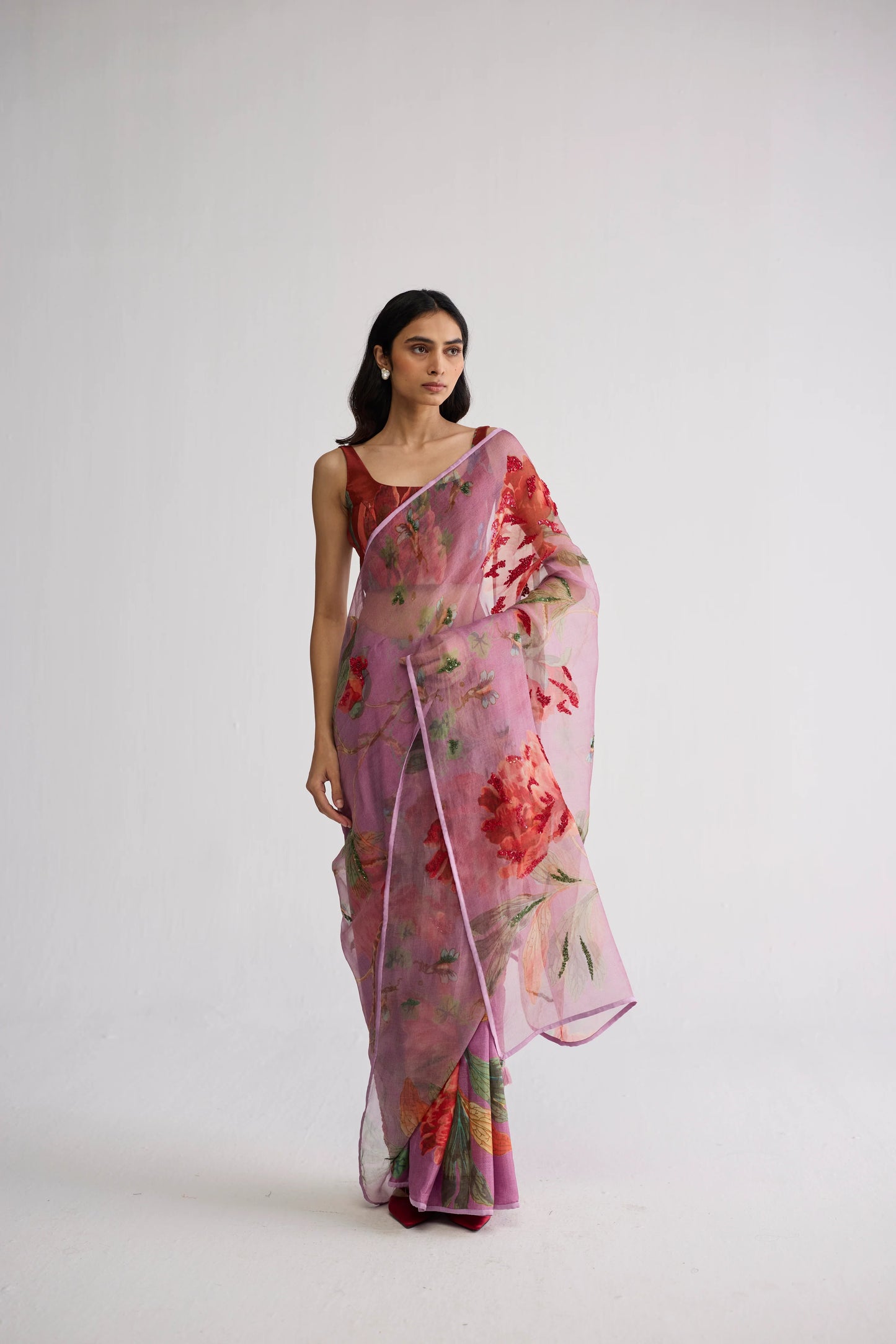BERRY EMBROIDERED SILK & ORGANZA SAREE