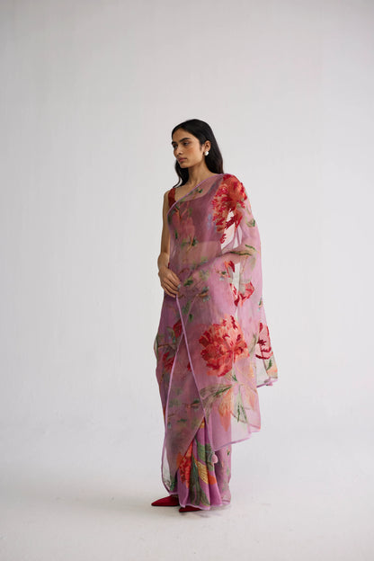 BERRY EMBROIDERED SILK & ORGANZA SAREE