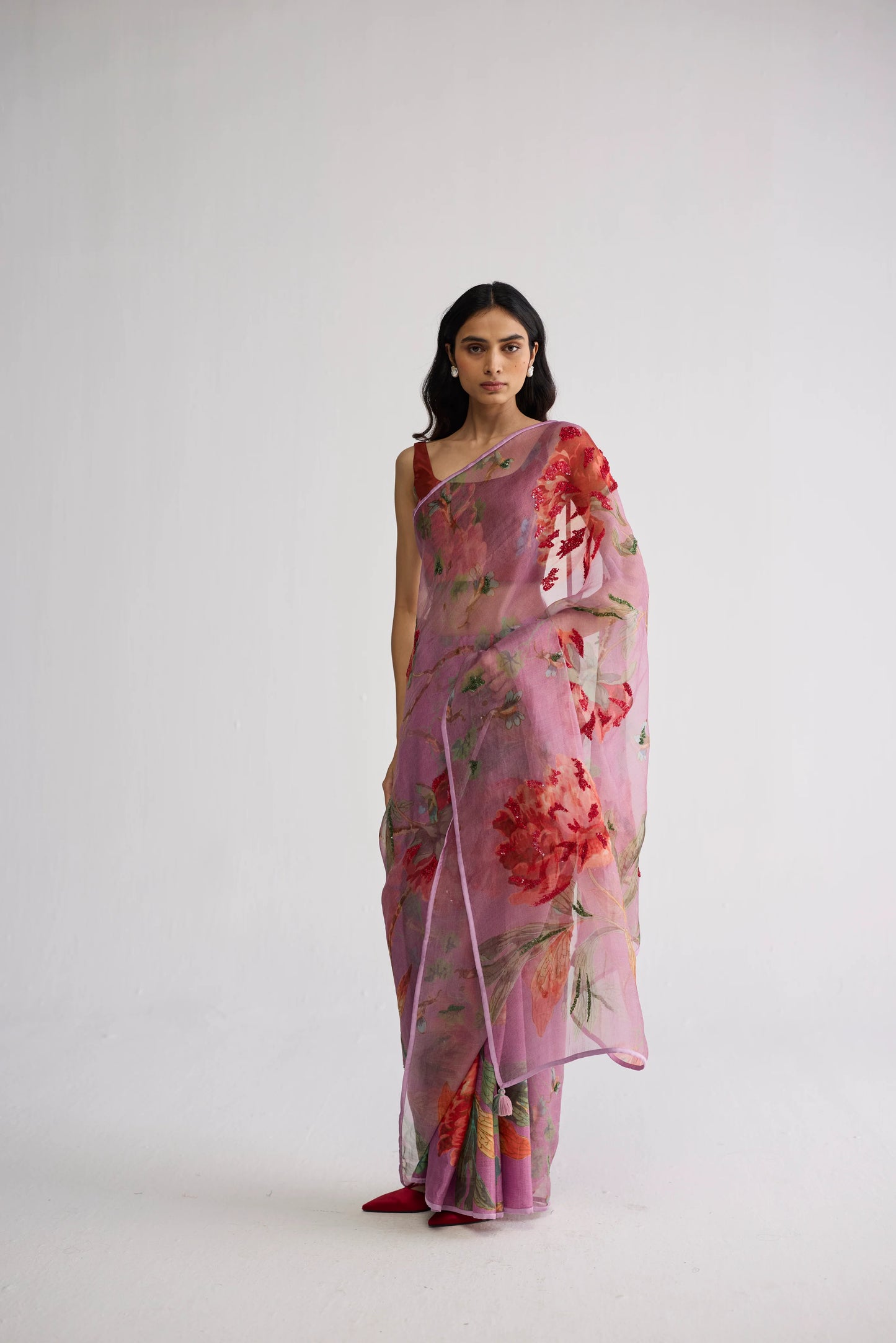 BERRY EMBROIDERED SILK & ORGANZA SAREE
