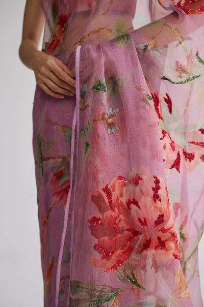 BERRY EMBROIDERED SILK & ORGANZA SAREE