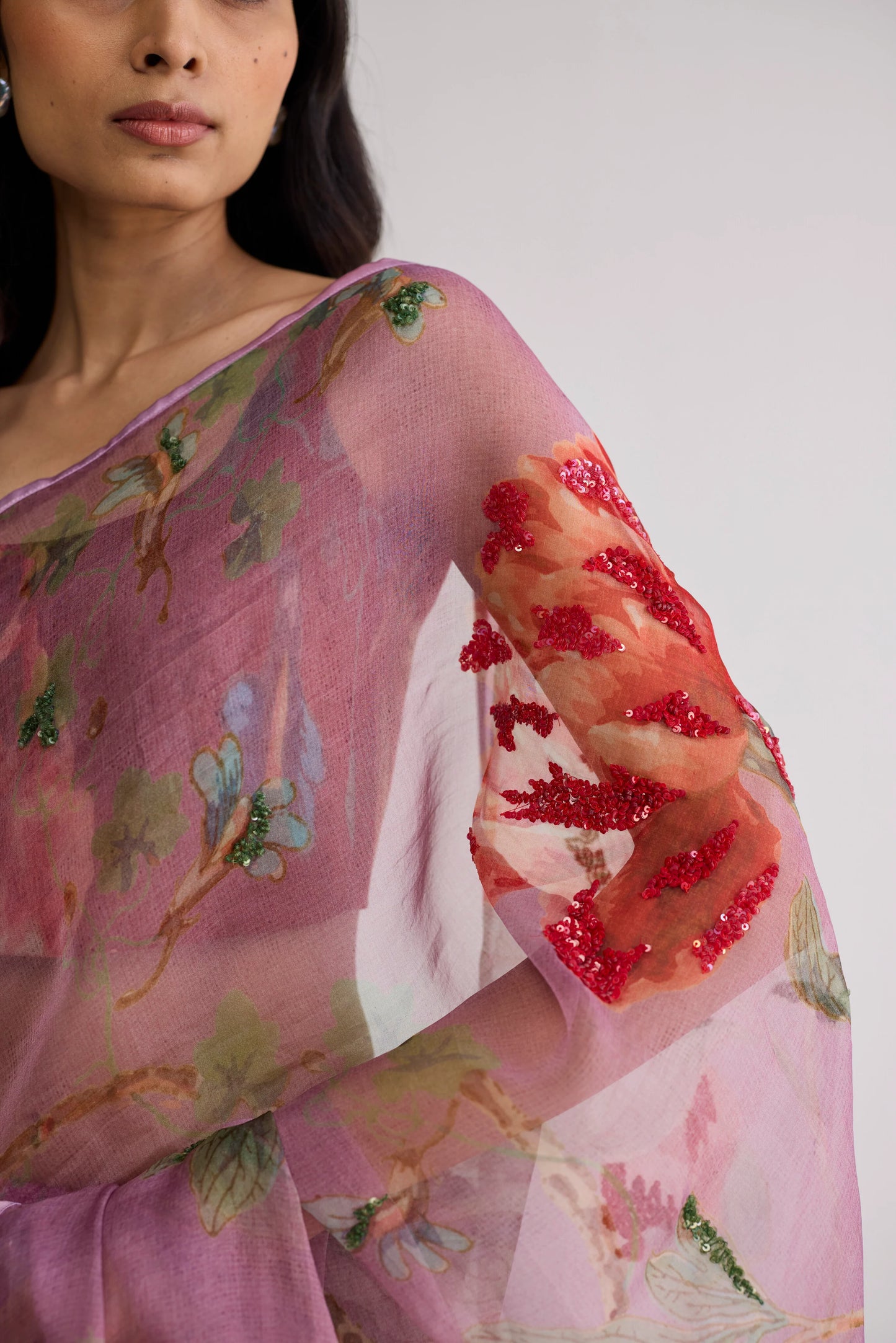 BERRY EMBROIDERED SILK & ORGANZA SAREE